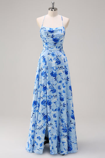 Vestido largo de dama de honor con tirantes florales azules con abertura